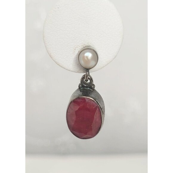 Ross-Simons SS Black Rhodium Oval Pink Ruby Drop Pierced Earrings Faux Pearl - Picture 2 of 11